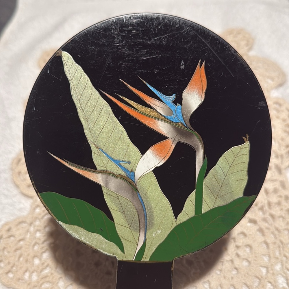 Vintage Otagiri Japan Nesting Double Hand Mirror Black Lacquer Bird Of Paradise